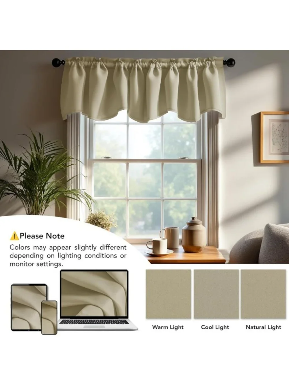 Beige Scalloped Room Darkening Valance Curtain for Kitchen & Living Room, 52x18